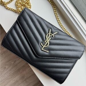 Yves Saint Laurent Black and Gold Crossbody Bag with Chevron Quilting